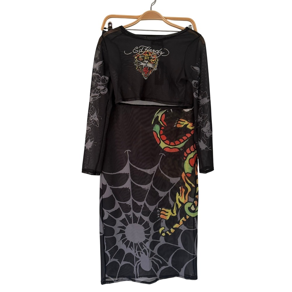 Ed Hardy Womens Mesh Swim Cover Up Set Black Tiger Snake Tattoo Y2K L EHWS-2067